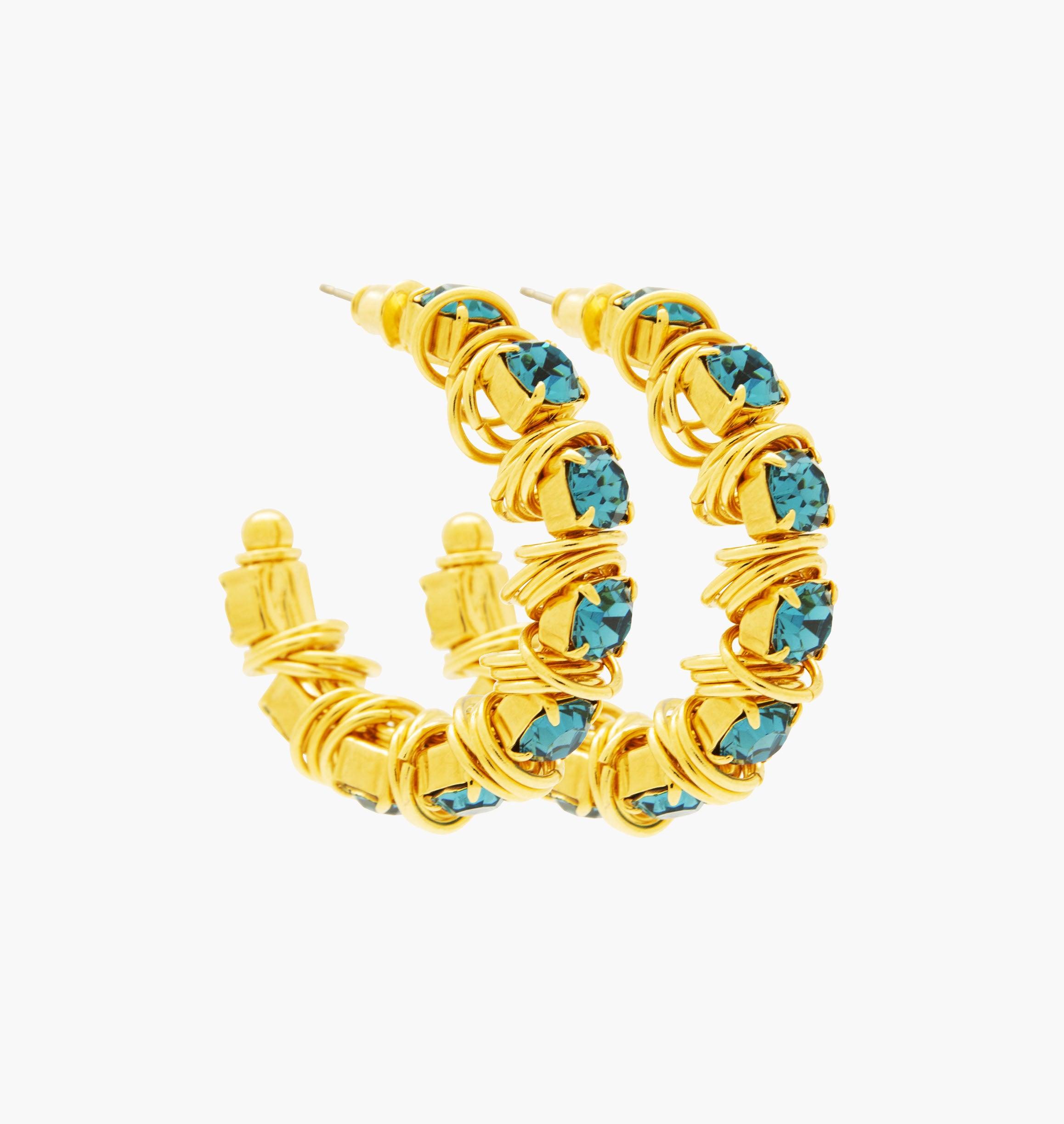 Earrings DISCO Indicolite - shop.mouttoncollet.com, moutton collet, bijoux createurs, bijoux fait main, bijoux fantaisie, bijoux en cristal strass, bijoux cristal swarovski, bijoux luxe, bijoux de stars, bijoux vip, bijoux originaux, bijou original, idee cadeau femme, cadeau de noel, cadeau chic et elegant, bijou moderne, bijou contemporain, fashion week boucles d'oreille créole en cristal strass bleu indicolite, madonna, kate moss,aya nakamura, daphne burki, vogue france magazine