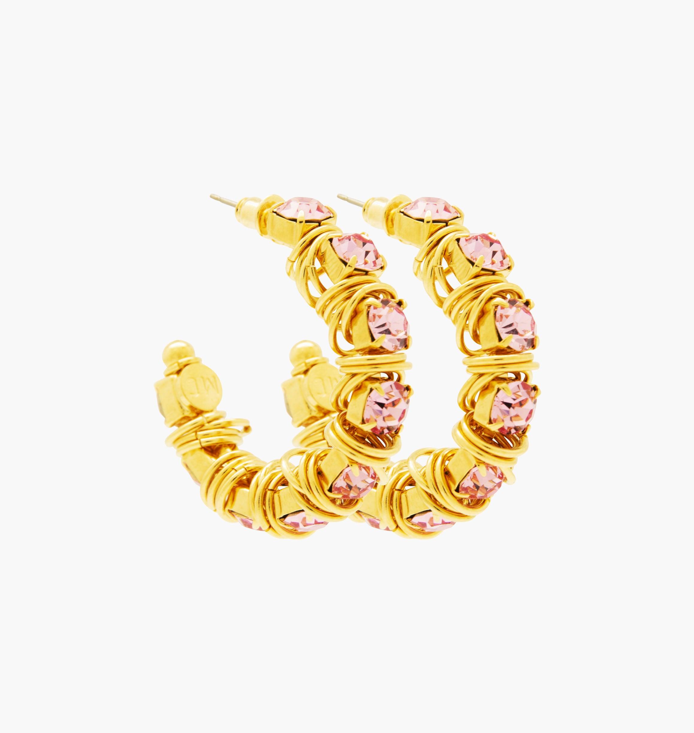 Earrings DISCO Light Rose - shop.mouttoncollet.com, moutton collet, bijoux createurs, bijoux fait main, bijoux fantaisie, bijoux en cristal strass, bijoux cristal swarovski, bijoux luxe, bijoux de stars, bijoux vip, bijoux originaux, bijou original, idee cadeau femme, cadeau de noel, cadeau chic et elegant, bijou moderne, bijou contemporain, fashion week boucles d'oreille créole en cristal strass rose light rose, madonna, kate moss, aya nakamura, daphne burki, vogue france magazine