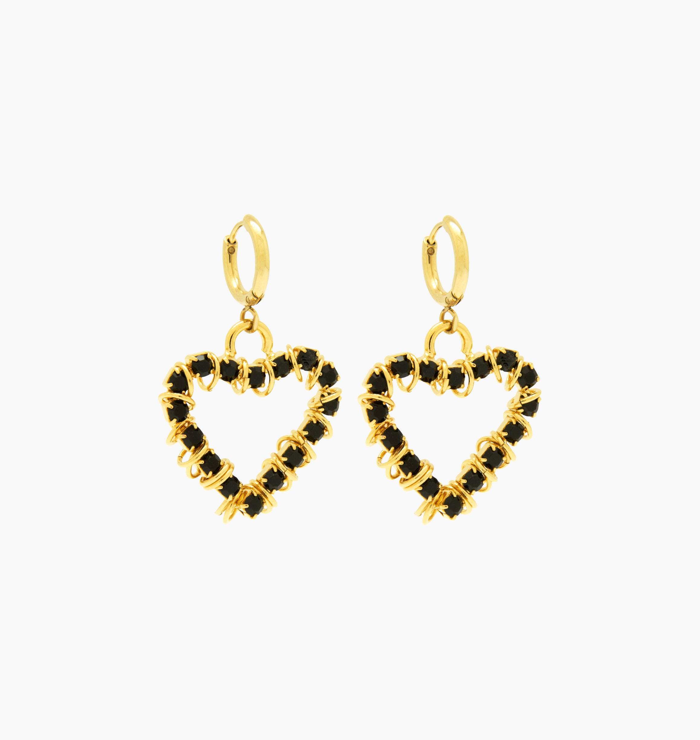 Earrings CREOLE BISOUS Black - shop.mouttoncollet.com, Moutton colleT,Nos boucles d'oreilles CREOLE BISOUS sont réalisées en bronze dorées à l'or fin, serties de cristaux scintillants coloris noir et de petits anneaux. Elles seront parfaites pour look moderne et étincelant. bijoux fantaisie coeur, heart, bijoux createurs,