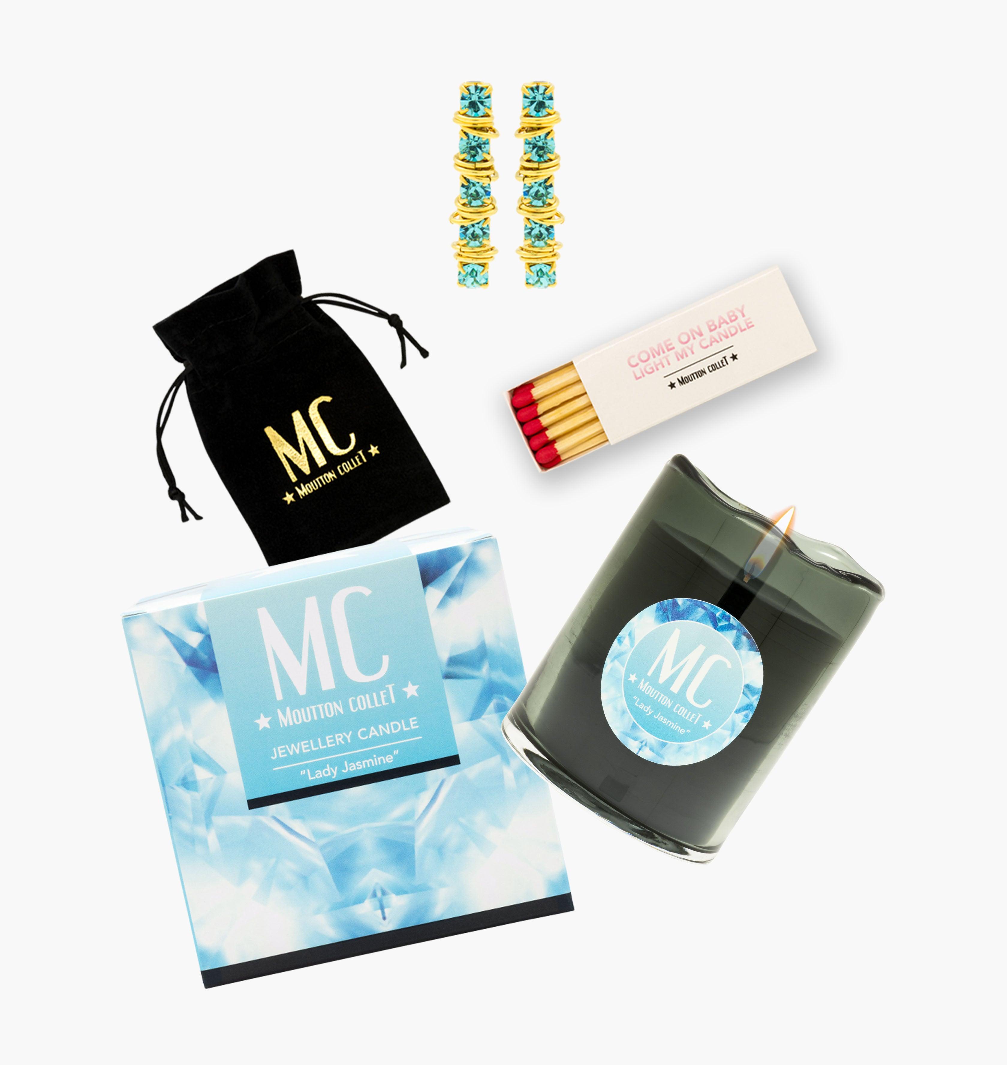 "LADY JASMINE" Jewellery Candle Earrings - shop.mouttoncollet.com, bougie naturelle 100% végétale, boite allumettes, pochon bijou, moutton collet, bougie de createur, bougie de luxe, bougie deco, bougie decoration interieur, chic et elegante, idee cadeau, cadeau de noel femme, bijou femme, cadeau anniversaire, cadeau chic original, Bougie Bijou, Boucles d'oreille en cristal, coffret Bougie parfumee et bijou cristal swarovski myjoliecandle myjewelerycandle myjewelcandle cire trudon diptyque baobab