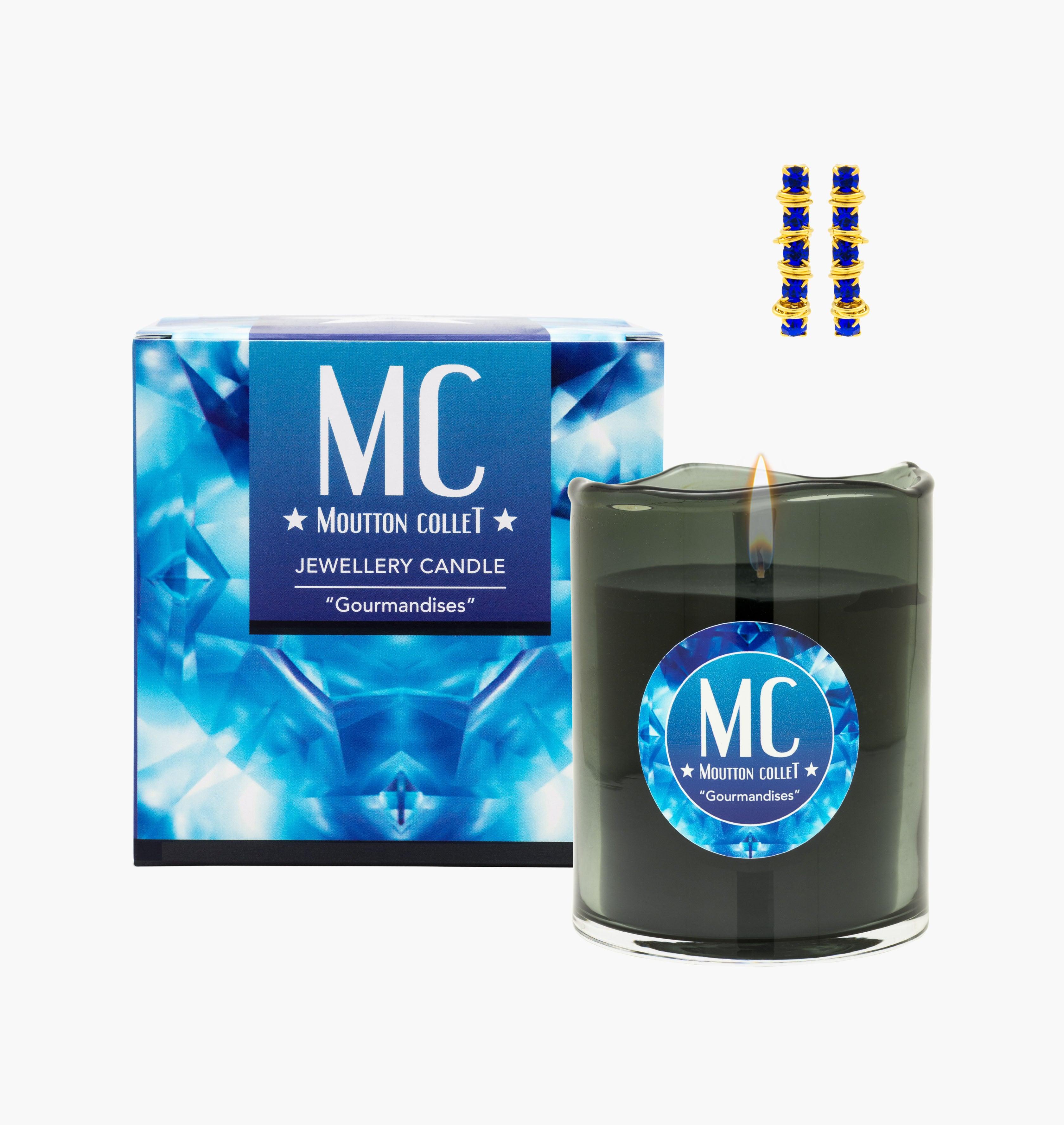 "GOURMANDISES" Jewellery Candle Bracelet - shop.mouttoncollet.com, Bougie Bijou, Bracelet en cristal, coffret Bougie parfumee et bijou cristal swarovski bleu saphire strass, bougie naturelle 100% végétale, boite allumettes, pochon bijou, moutton collet, bougie de createur, bougie de luxe, bougie deco, bougie decoration interieur, chic et elegante, idee cadeau, cadeau de noel femme, bijou femme, cadeau anniversaire, cadeau chic original myjoliecandle myjewelerycandle myjewelcandle cire trudon diptyque baobab
