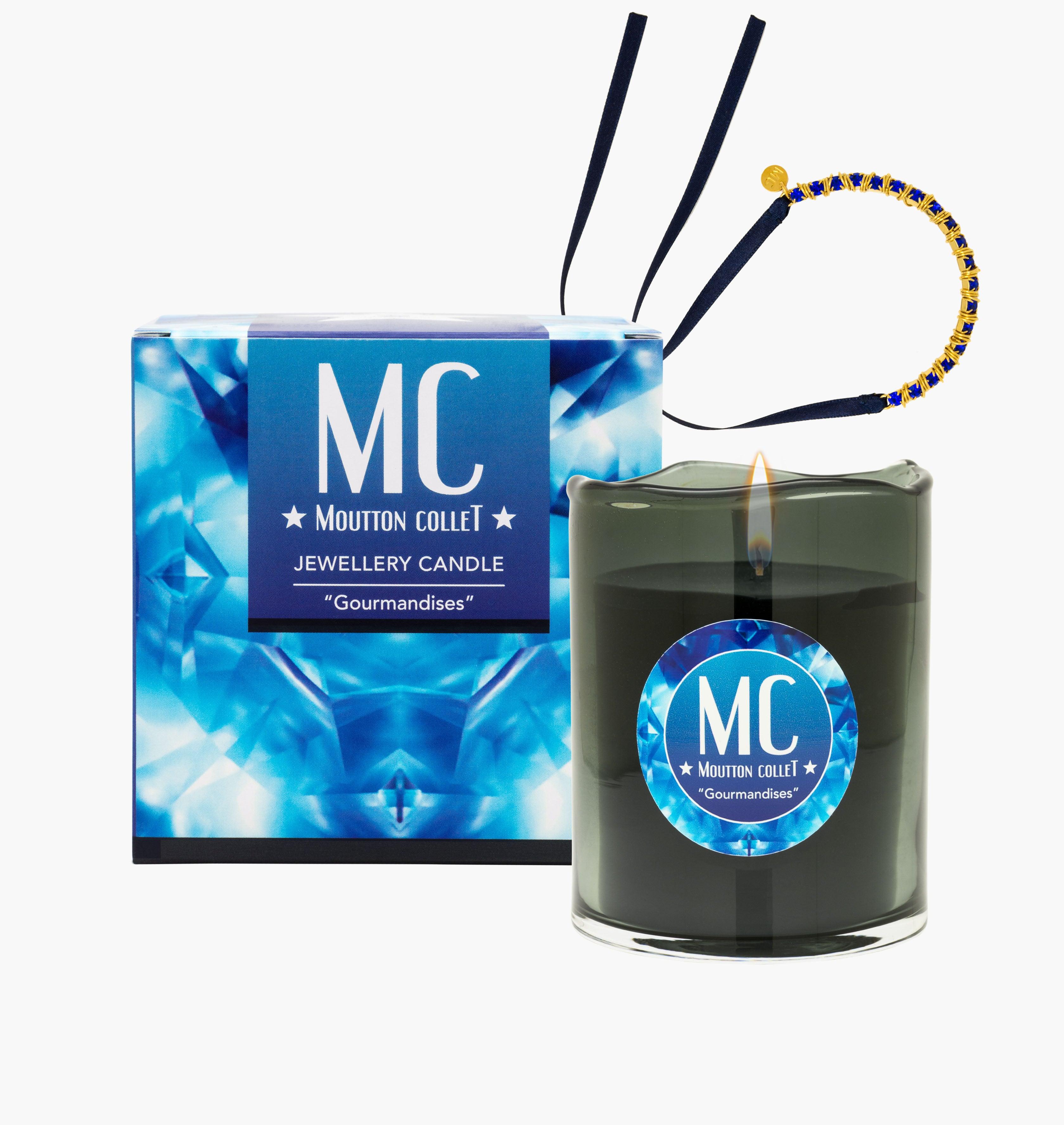 "GOURMANDISES" Jewellery Candle Bracelet - shop.mouttoncollet.com, Bougie Bijou, Bracelet en cristal, coffret Bougie parfumee et bijou cristal swarovski bleu saphire strass, bougie naturelle 100% végétale, boite allumettes, pochon bijou, moutton collet, bougie de createur, bougie de luxe, bougie deco, bougie decoration interieur, chic et elegante, idee cadeau, cadeau de noel femme, bijou femme, cadeau anniversaire, cadeau chic original myjoliecandle myjewelerycandle myjewelcandle cire trudon diptyque baobab