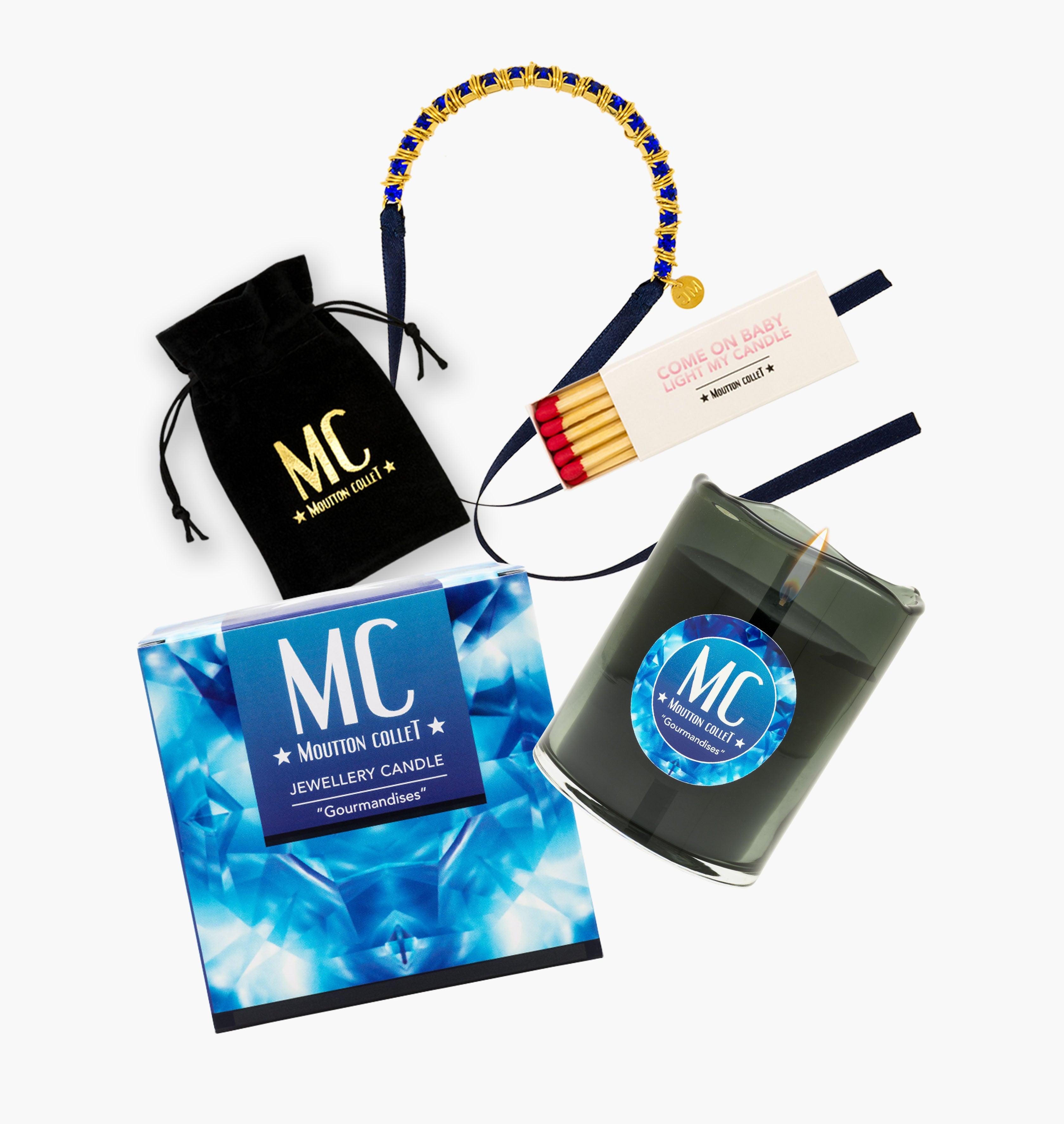 "GOURMANDISES" Jewellery Candle Bracelet - shop.mouttoncollet.com, Bougie Bijou, Bracelet en cristal, coffret Bougie parfumee et bijou cristal swarovski bleu saphire strass, bougie naturelle 100% végétale, boite allumettes, pochon bijou, moutton collet, bougie de createur, bougie de luxe, bougie deco, bougie decoration interieur, chic et elegante, idee cadeau, cadeau de noel femme, bijou femme, cadeau anniversaire, cadeau chic original myjoliecandle myjewelerycandle myjewelcandle cire trudon diptyque baobab
