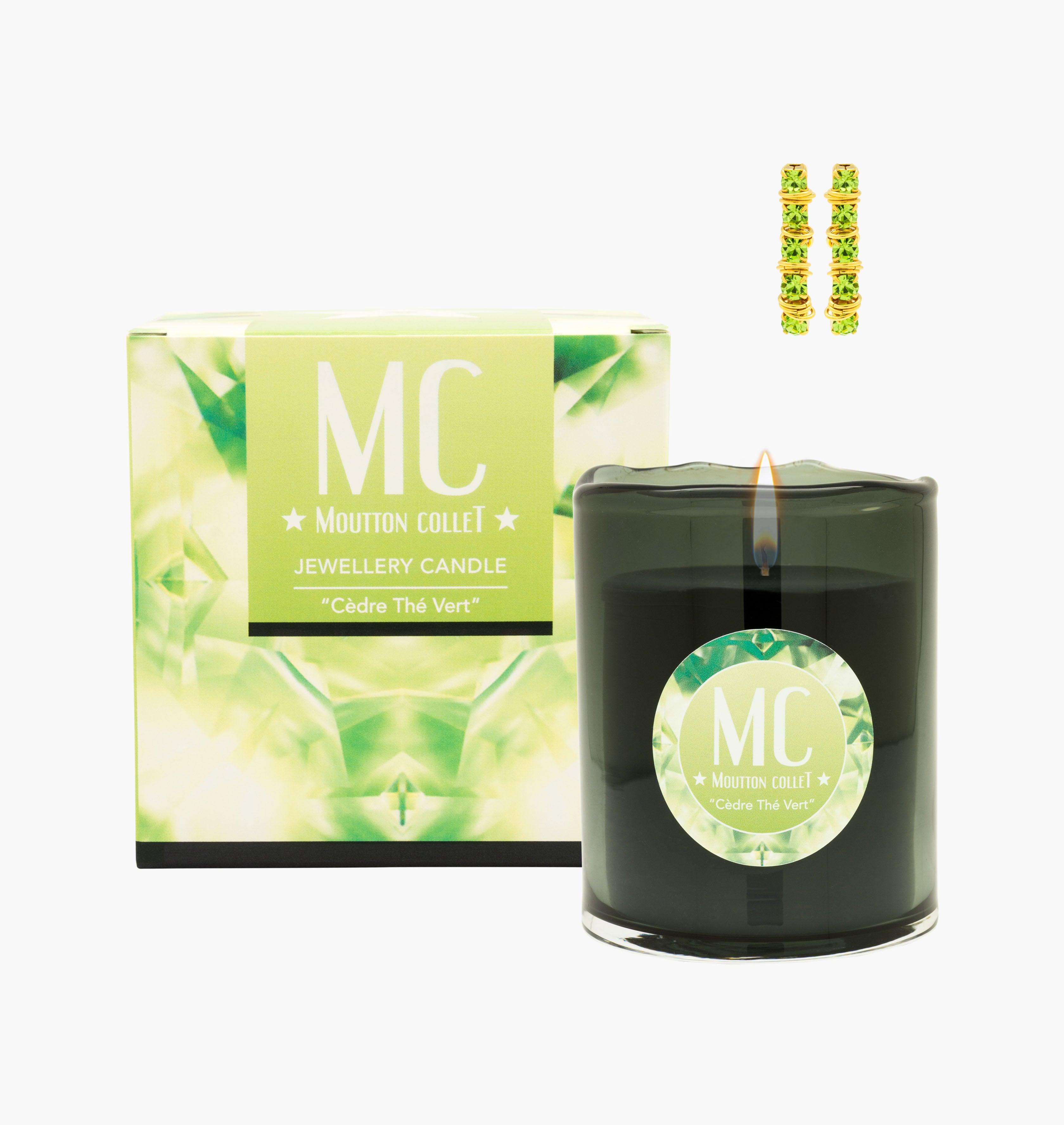 "CEDRE THE VERT" Jewellery Candle Bracelet - shop.mouttoncollet.com, Bougie Bijou, Bracelet en cristal, coffret Bougie parfumee et bijou cristal swarovski vert peridot strass, bougie naturelle 100% végétale, boite allumettes, pochon bijou, moutton collet, bougie de createur, bougie de luxe, bougie deco, bougie decoration interieur, chic et elegante, idee cadeau, cadeau de noel femme, bijou femme, cadeau anniversaire, cmyjoliecandle myjewelerycandle myjewelcandle cire trudon diptyque baobab