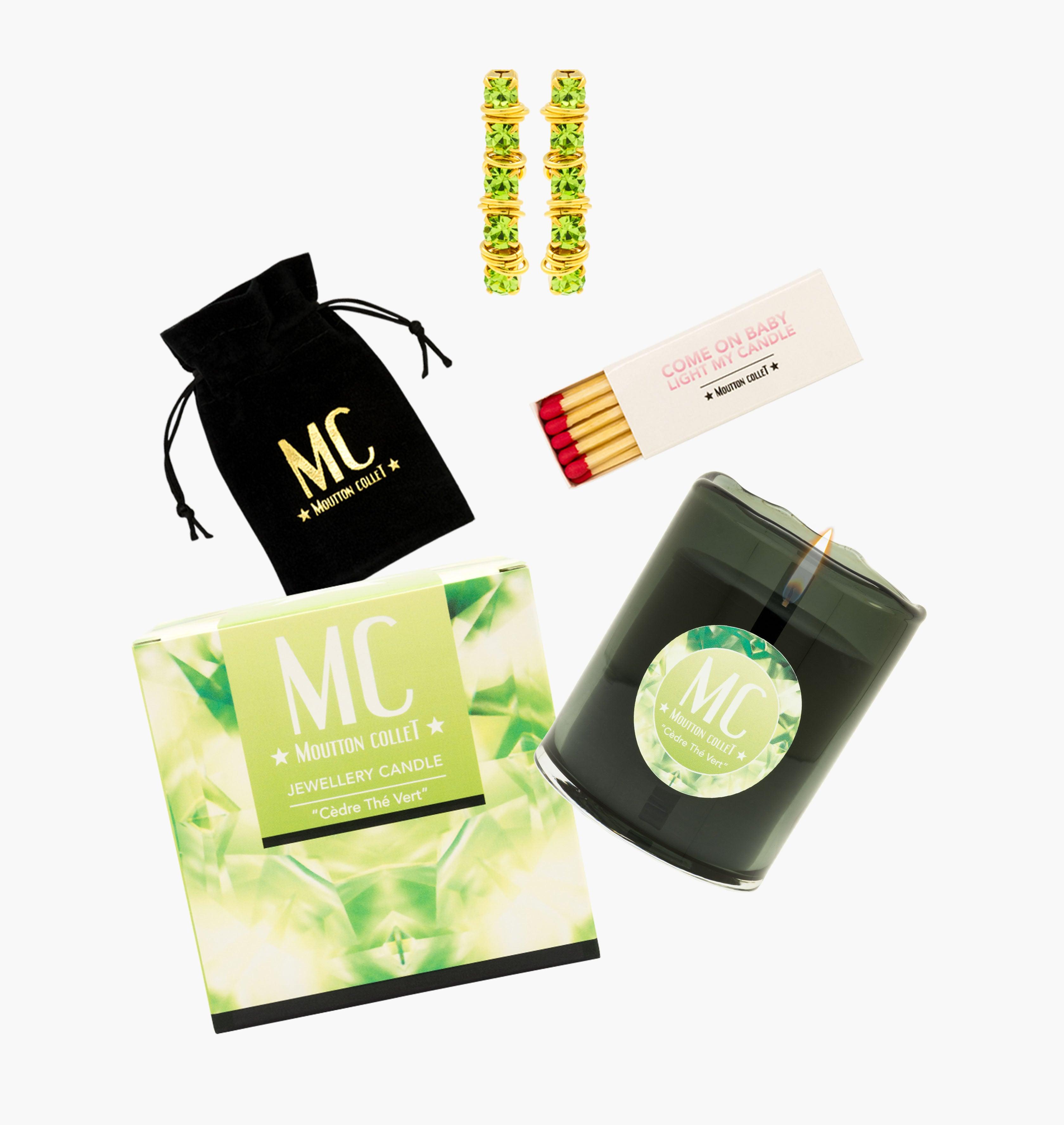 "CEDRE THE VERT" Jewellery Candle Earrings - shop.mouttoncollet.com, Bougie Bijou, Boucles d'oreille en cristal, coffret Bougie parfumee et bijou cristal swarovski vert peridot strass, bougie naturelle 100% végétale, boite allumettes, pochon bijou, moutton collet, bougie de createur, bougie de luxe, bougie deco, bougie decoration interieur, chic et elegante, idee cadeau, cadeau de noel femme, bijou femme, cadeau anniversaire, myjoliecandle myjewelerycandle myjewelcandle cire trudon diptyque baobab