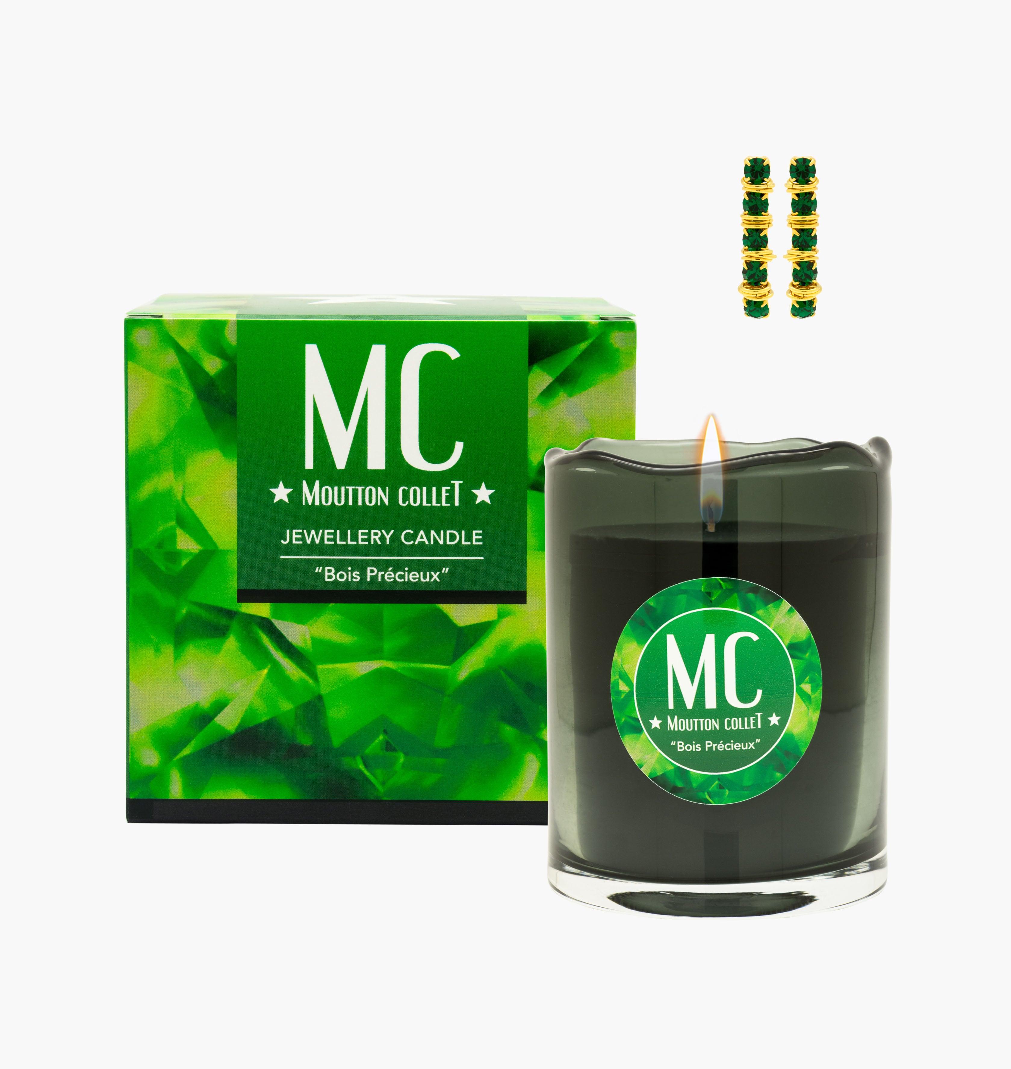 "BOIS PRECIEUX" Jewellery Candle Bracelet - shop.mouttoncollet.com, Bougie Bijou, Bracelet cristal, coffret Bougie parfumee et bijou cristal swarovski vert émeraude strass, bougie naturelle 100% végétale, boite allumettes, pochon bijou, moutton collet, bougie de createur, bougie de luxe, bougie deco, bougie decoration interieur, chic et elegante, idee cadeau, cadeau de noel femme, bijou femme, cadeau myjoliecandle myjewelerycandle myjewelcandle cire trudon diptyque baobab