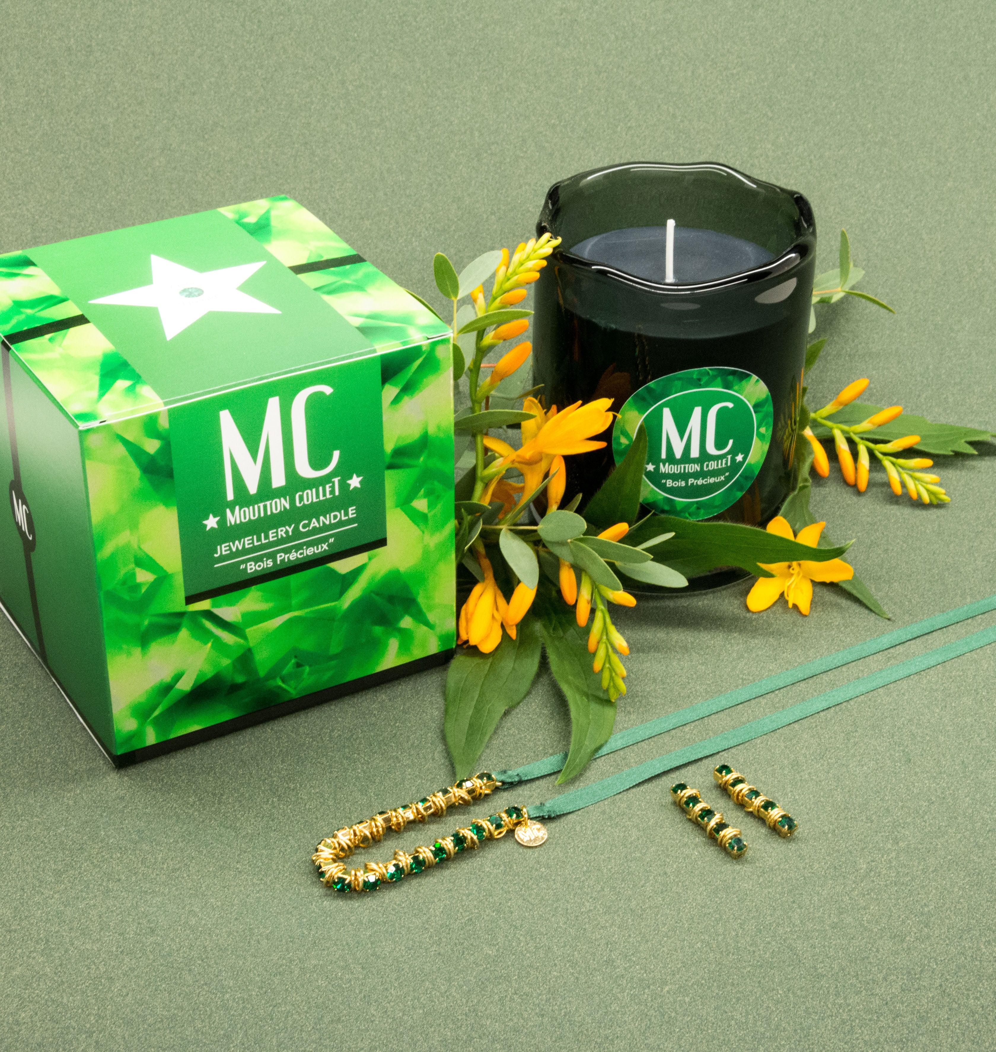 "BOIS PRECIEUX" Jewellery Candle Earrings - shop.mouttoncollet.com, Bougie Bijou, Boucles d'oreille en cristal, coffret Bougie parfumee et bijou cristal swarovski vert émeraude strass, bougie naturelle 100% végétale, boite allumettes, pochon bijou, moutton collet, bougie de createur, bougie de luxe, bougie deco, bougie decoration interieur, chic et elegante, idee cadeau, cadeau de noel femme, bijou femme, cadeau myjoliecandle myjewelerycandle myjewelcandle cire trudon diptyque baobab