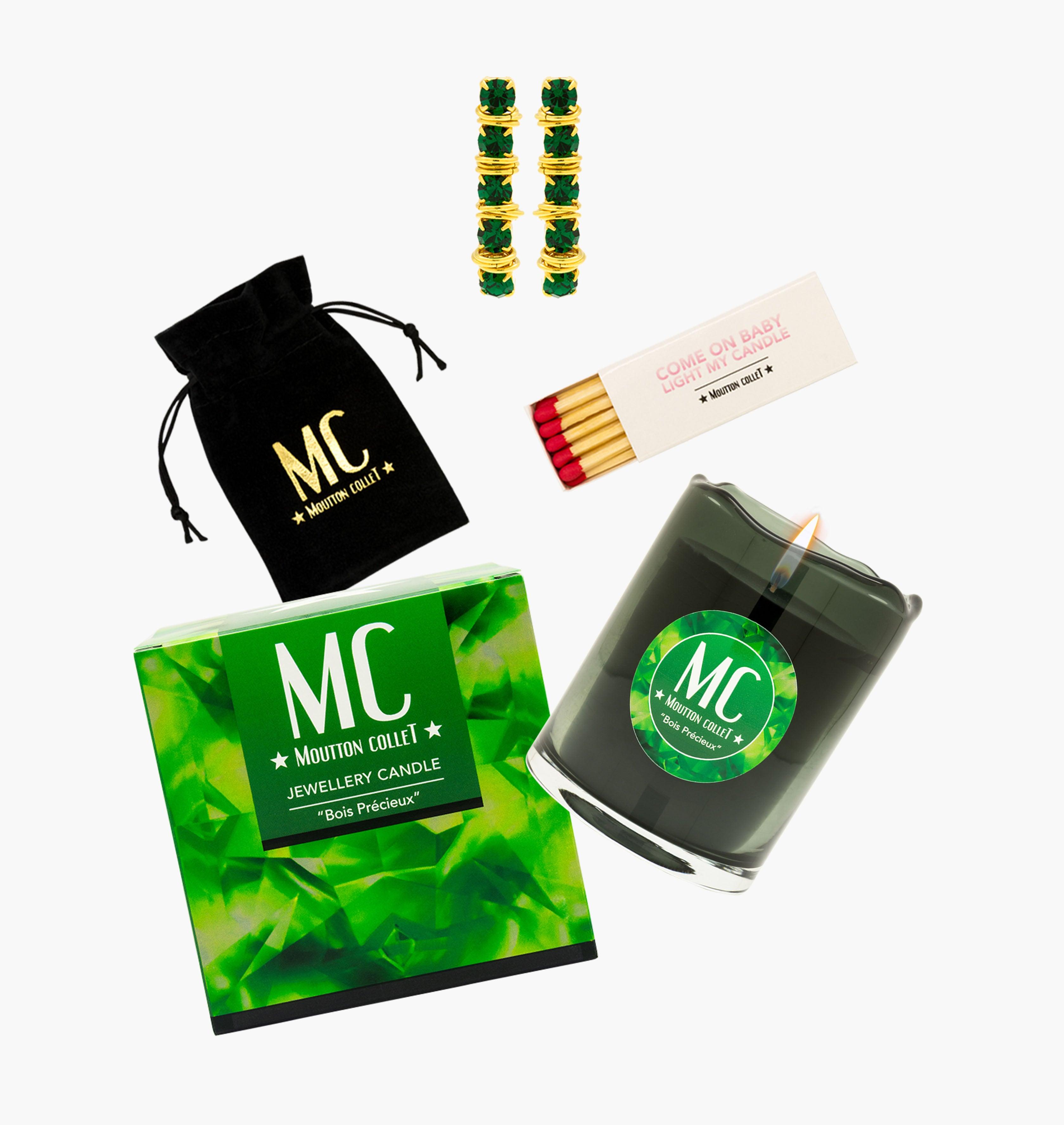 "BOIS PRECIEUX" Jewellery Candle Earrings - shop.mouttoncollet.com, Bougie Bijou, Boucles d'oreille en cristal, coffret Bougie parfumee et bijou cristal swarovski vert émeraude strass, bougie naturelle 100% végétale, boite allumettes, pochon bijou, moutton collet, bougie de createur, bougie de luxe, bougie deco, bougie decoration interieur, chic et elegante, idee cadeau, cadeau de noel femme, bijou femme, cadeau myjoliecandle myjewelerycandle myjewelcandle cire trudon diptyque baobab