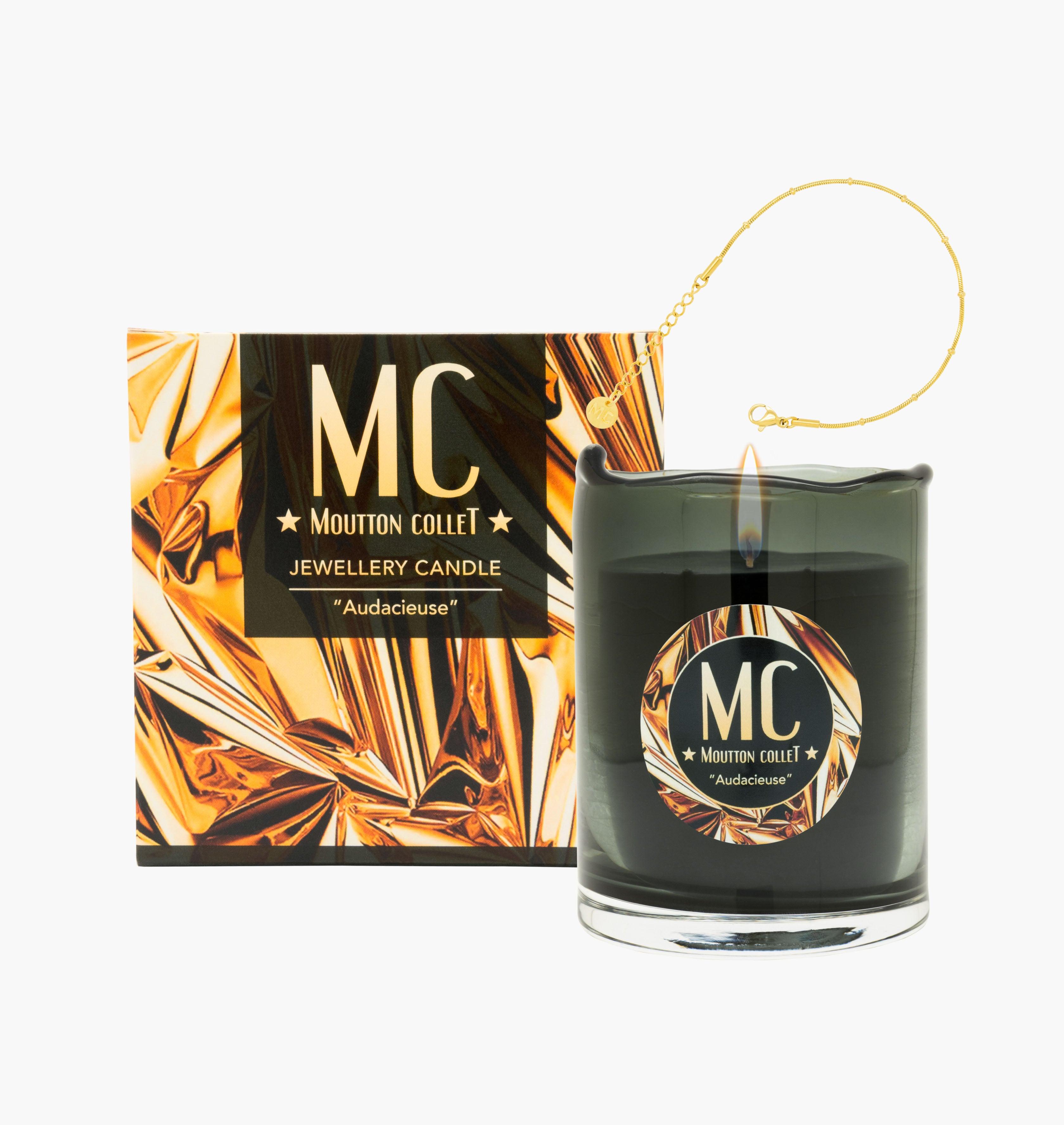 "AUDACIEUSE" Jewellery Candle Bracelet - shop.mouttoncollet.com, bougie naturelle 100% végétale, boite allumettes, pochon bijou, moutton collet, cadeau pas cher, bougie de createur, bougie de luxe, bougie deco, bougie decoration interieur, chic et elegante, idee cadeau, cadeau de noel femme, bijou femme, cadeau anniversaire, cadeau chic original, Bougie Bijou, Bracelet doré, myjoliecandle myjewelerycandle myjewelcandle cire trudon diptyque baobab