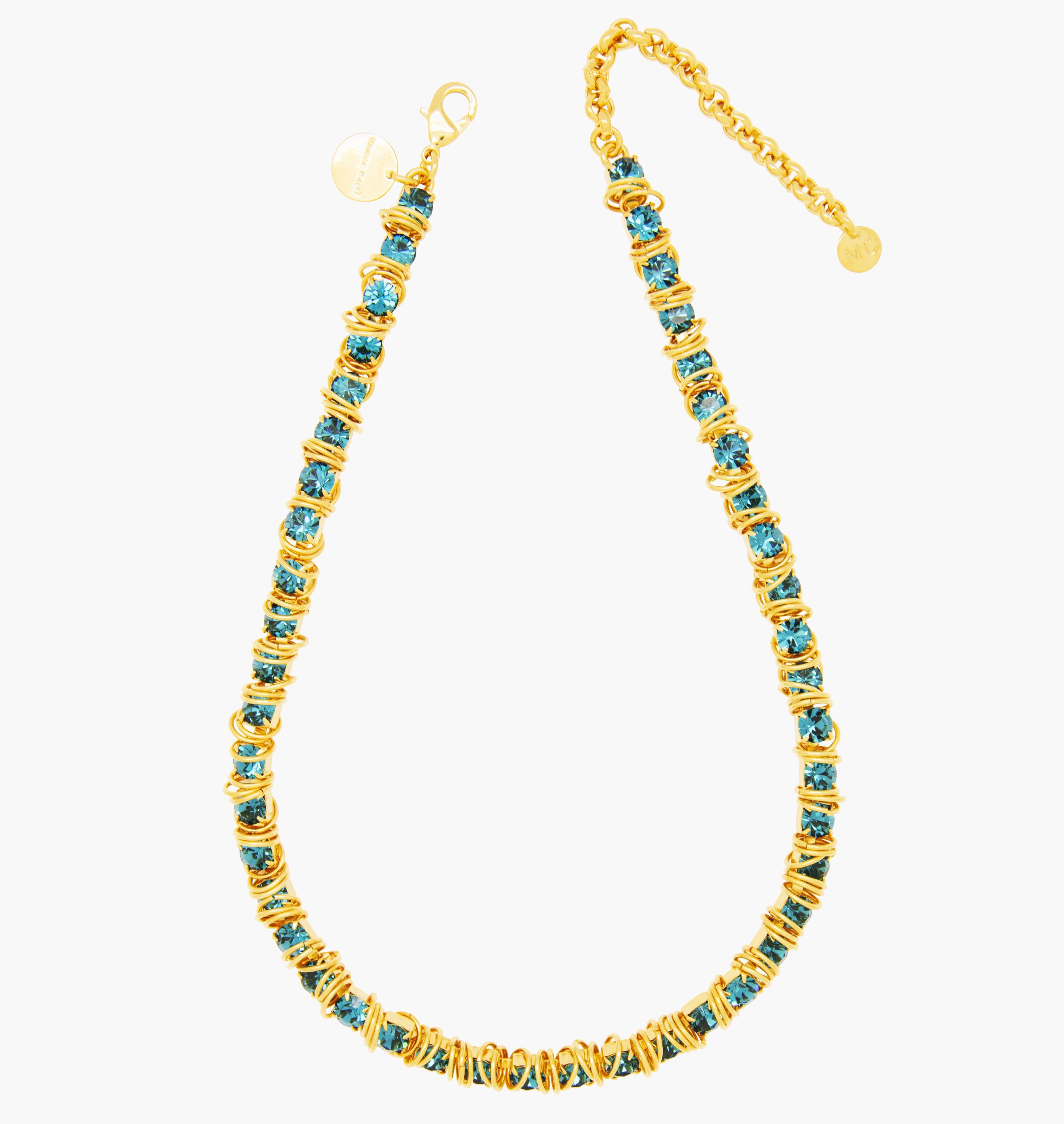 Necklace ALLSTARS Indicolite - shop.mouttoncollet.com, moutton collet, bijoux createurs, bijoux fait main, bijoux fantaisie, bijoux en cristal strass, bijoux cristal swarovski, bijoux luxe, bijoux de stars, bijoux vip, bijoux originaux, bijou original, idee cadeau femme, cadeau de noel, collier strass, collier rock, cadeau chic et elegant, bijou moderne, bijou contemporain, fashion week, Collier en cristal strass bleu indicolite, madonna, kate moss, beyonce, jennifer lopez, gucci, vogue france magazine