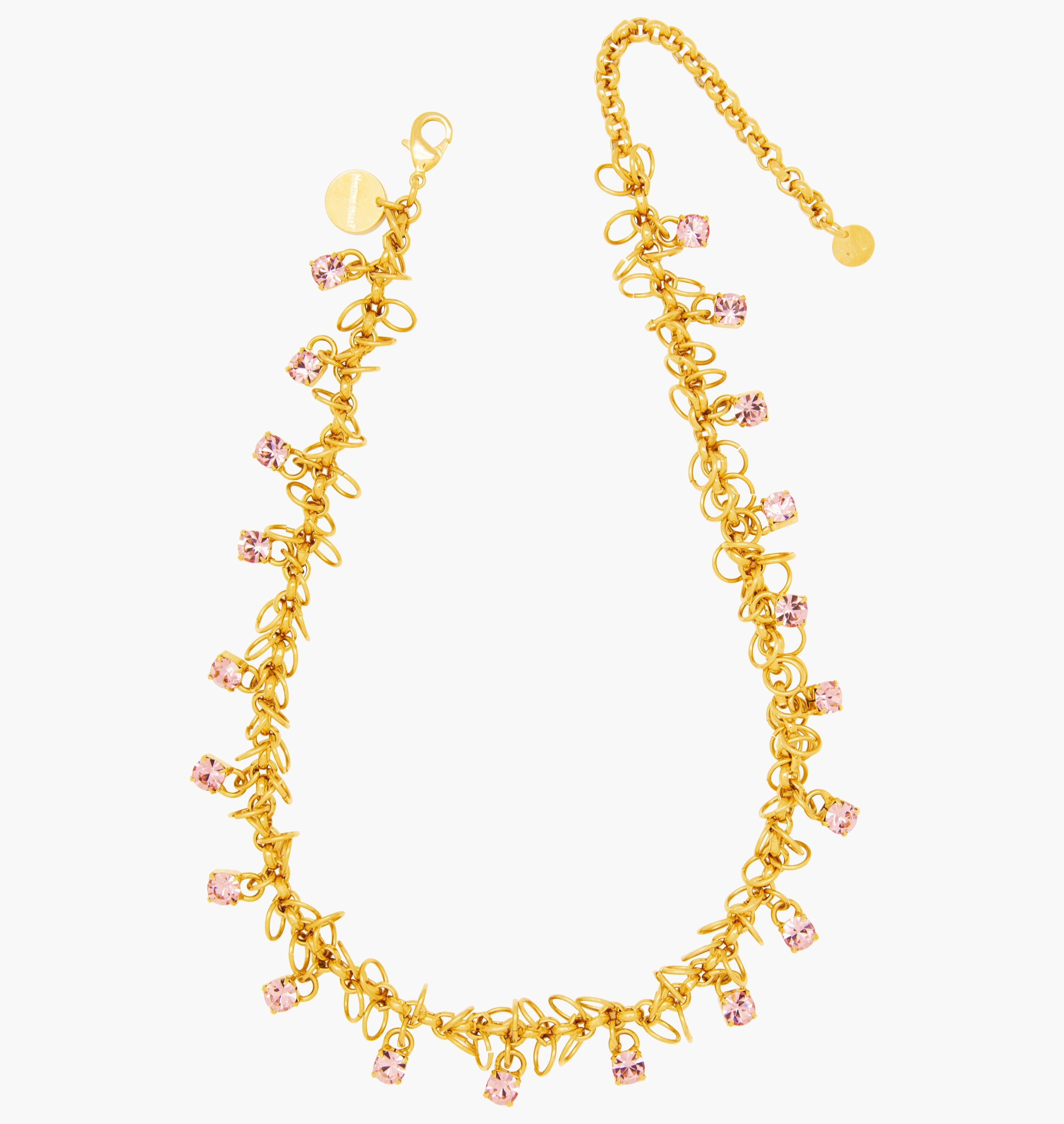 Necklace STARS Light Rose - shop.mouttoncollet.com, Moutton colleT, Notre collier STARS est réalisé en bronze dorées à l'or fin, serties de cristaux scintillants coloris light rose avec de grands et petits anneaux. Il est orné d'un médaillon gravé "Moutton colleT" et d'un petit logo gravé "MC". Il sera parfait pour look moderne et étincelant, bijoux de luxe, bijou de qualité, bijoux dior,