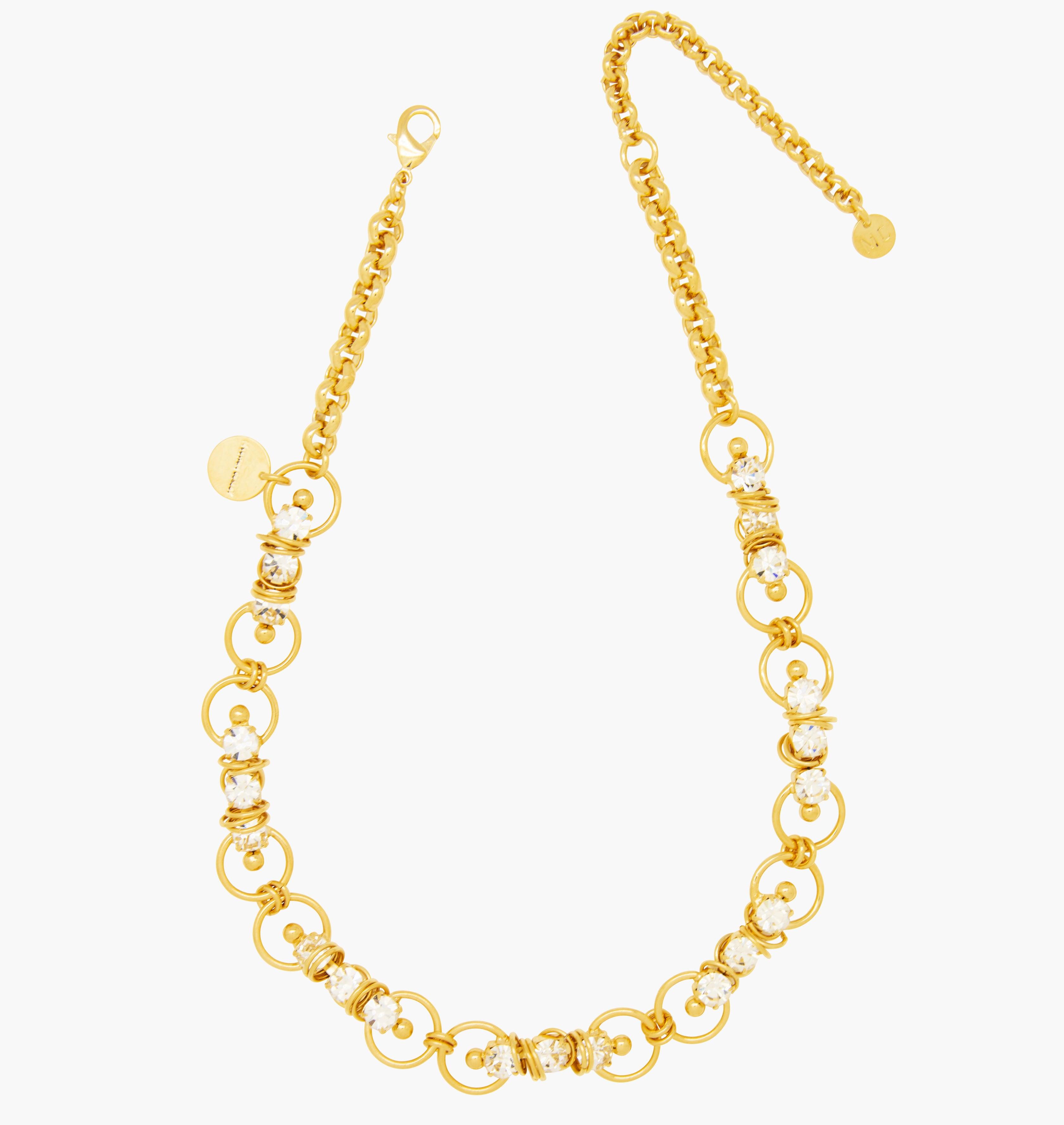 Necklace MIXY Crystal - shop.mouttoncollet.com, Moutton colleT, Notre collier MIXY est réalisé en bronze dorées à l'or fin, serties de cristaux scintillants coloris diamant avec de grands et petits anneaux, collier fantaisie, collier strass, swarovski, bijoux fait main, bijoux createurs, bijoux luxe, bijoux gucci