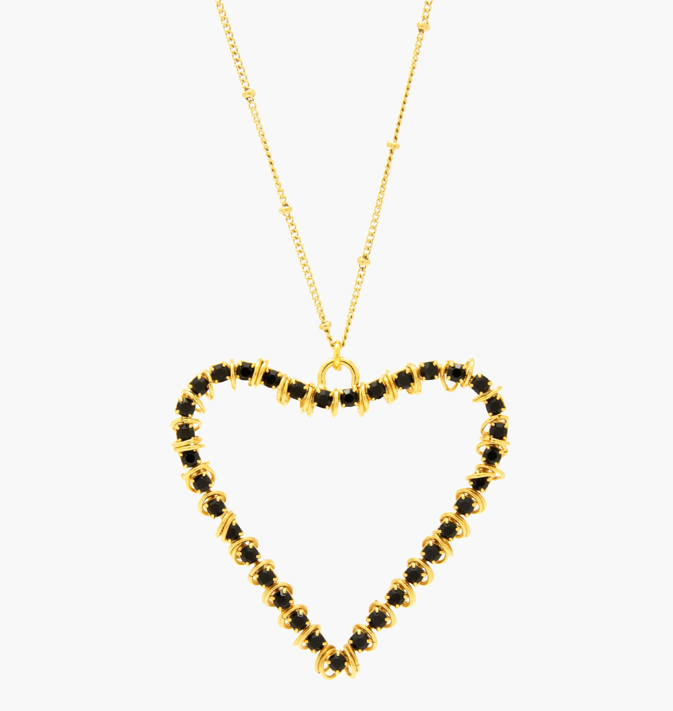 Necklace BIGBISOUS Black - shop.mouttoncollet.com, Moutton colleT, Notre collier Coeur BIGBISOUS est réalisé en bronze dorées à l'or fin, serties de cristaux scintillants coloris noir avec de grands et petits anneaux. Il est orné d'un médaillon gravé "Moutton colleT" et d'un petit logo gravé "MC", bijoux coeur amour, strass noir, collier doré or, bijou fantaisie, bijou saint valentin, fiancailles