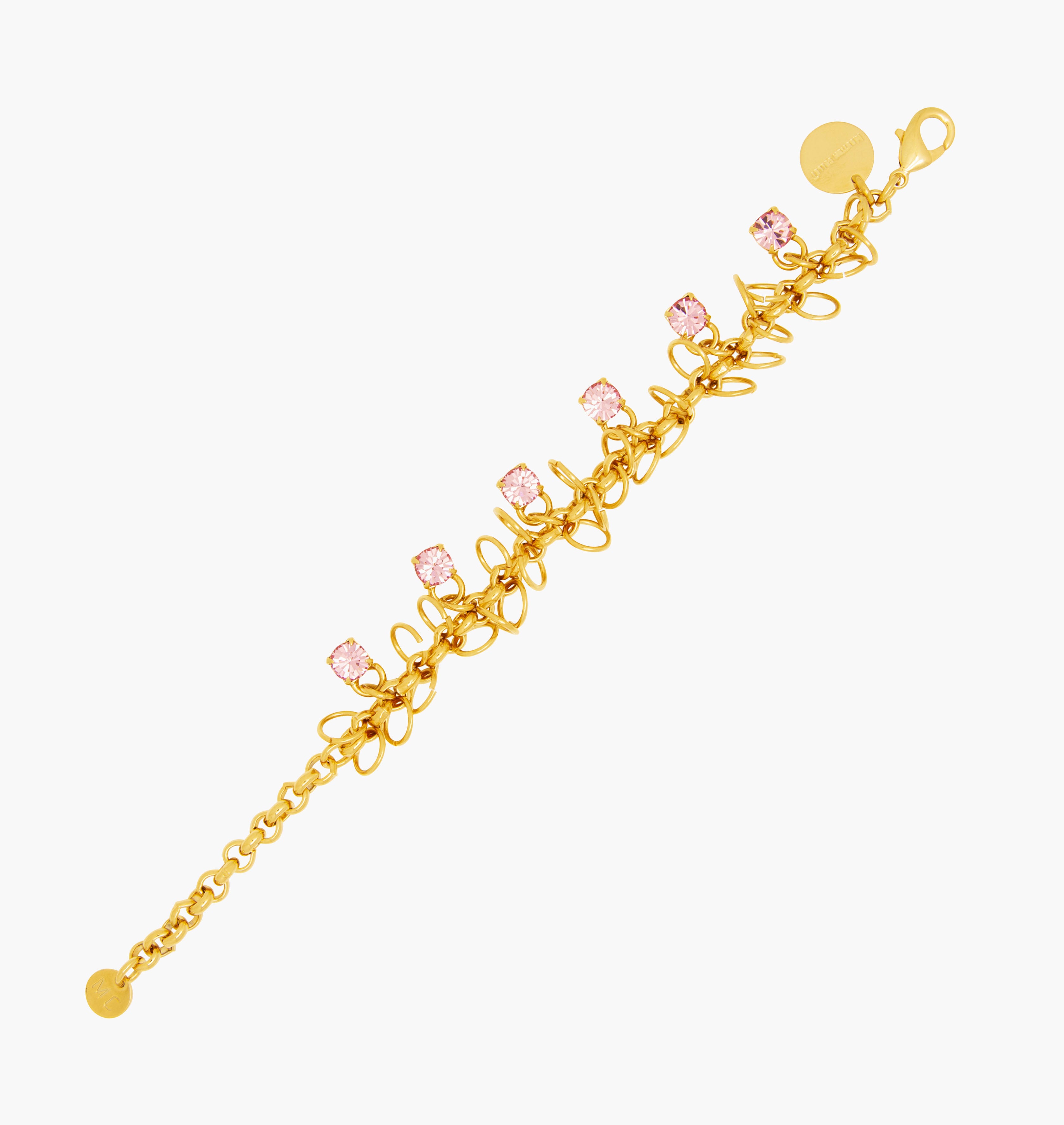Bracelet STARS Light Rose - shop.mouttoncollet.com, Moutton collet, Notre bracelet STARS est réalisé en bronze dorées à l'or fin, serties de cristaux scintillants coloris light rose avec de grands anneaux. Il est orné d'un médaillon gravé "Moutton colleT" et d'un petit logo gravé "MC". Il sera assez discret pour être associé à vos tenues du quotidien, swarovski, bijou rose, bijou pink, bijou moderne, bijoux fantaisie, bijou de qualité, chanel, dior,